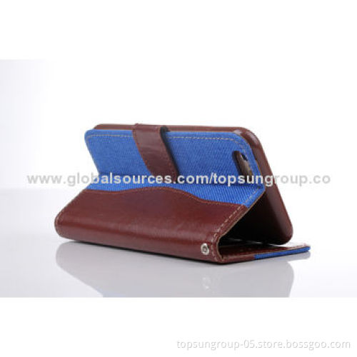 High-quality Denim + PU Flip Cases for iPhone 6 with Card Slots and Hanging Rope